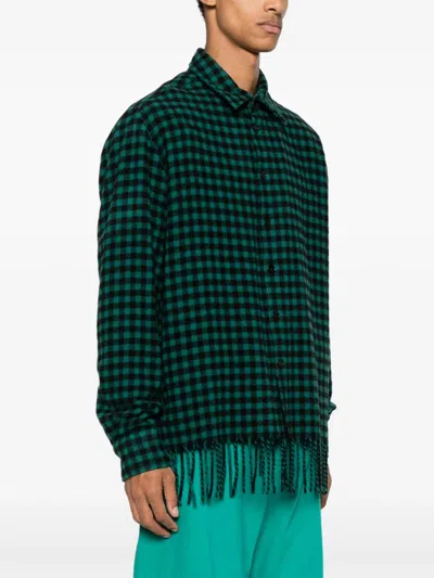 Shop Lanvin Fringed Checked Wool Shirt