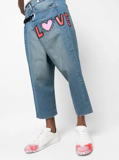 Shop Junya Watanabe Graphic-print Cropped Denim Trousers