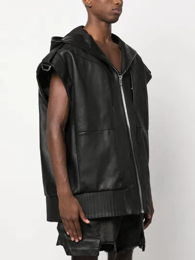 Shop Rick Owens Lido Sleeveless Hooded Leather Jacket