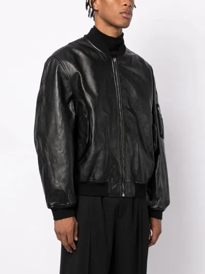 Shop Raf Simons Logo-patch Leather Bomber Jacket