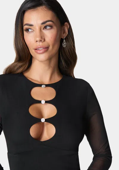 Bebe Button Detail Mesh Midi Dress In Jet Black