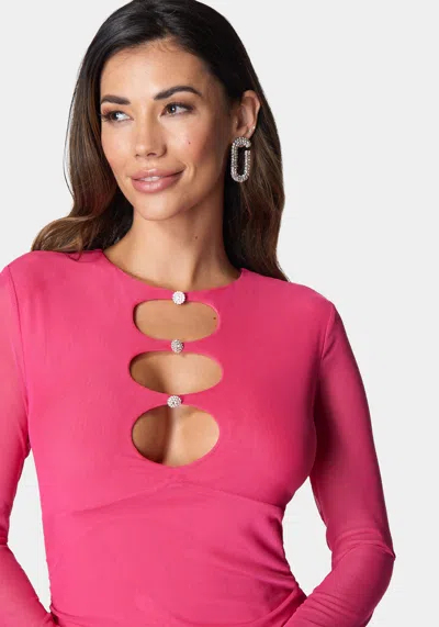 Bebe Button Detail Mesh Midi Dress In Fuchsia Pink