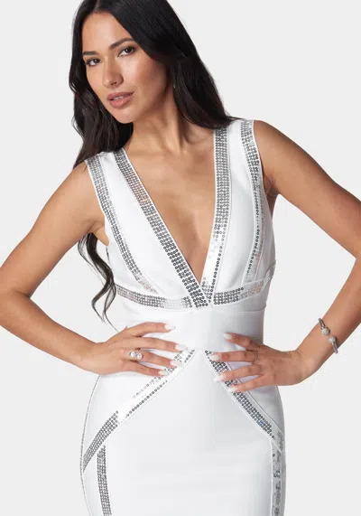 Shop Bebe Bandage Metallic Midi Dress In Ivory,silver