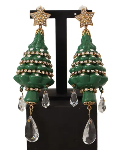Shop Dolce & Gabbana Enchanting Crystal Christmas Tree Clip-on Earrings In Green