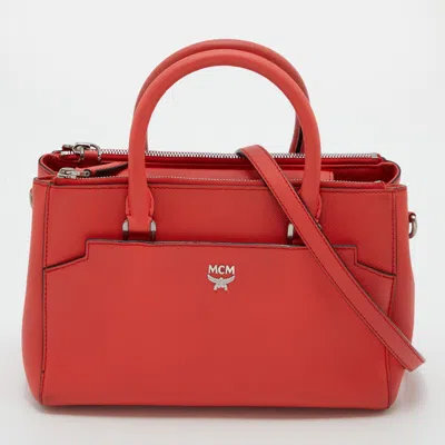 Shop Mcm Leather Elda Tote In Red