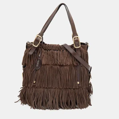 Shop Tod's Suede And Leather G-line Frange Media Tote In Brown