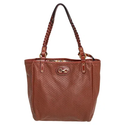 Shop Ferragamo Perforated Leather Braided Handle Tote In Brown