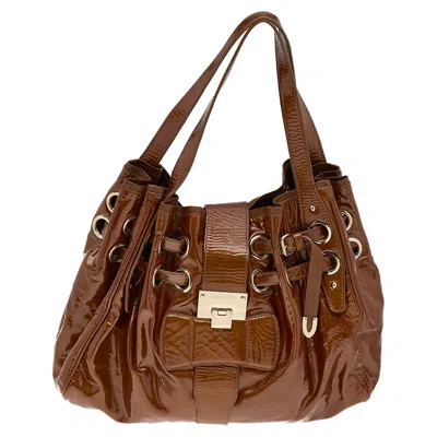 Shop Jimmy Choo Patent Leather Riki Tote In Brown