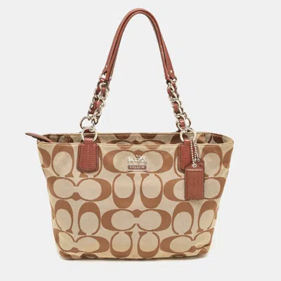 Shop Coach Brown/beige Signature Canvas And Leather Chain Tote