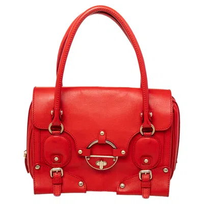 Shop Versace Leather Studded Tote In Red
