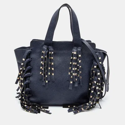 Shop Valentino Leather C-rockee Fringe Tote In Blue