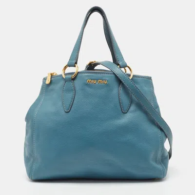 Shop Miu Miu Pebbled Leather Double Zip Convertible Tote In Blue
