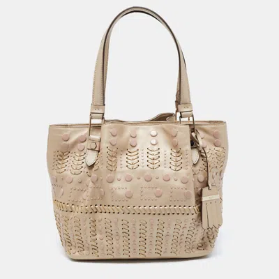 Shop Tod's Metallic Beige Leather Small Studded Flower Tote