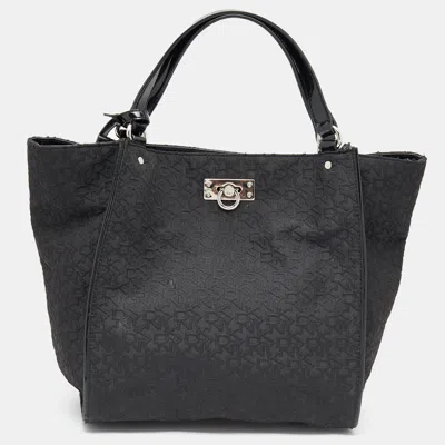 Shop Dkny Monogram Canvas And Patent Leather Tote In Black