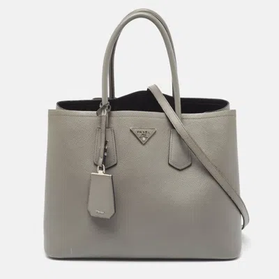 Shop Prada Saffiano Cuir Leather Large Double Handle Tote In Grey