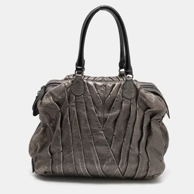 Shop Valentino Metallic Leather Maison Pintucked Shopper Tote In Grey