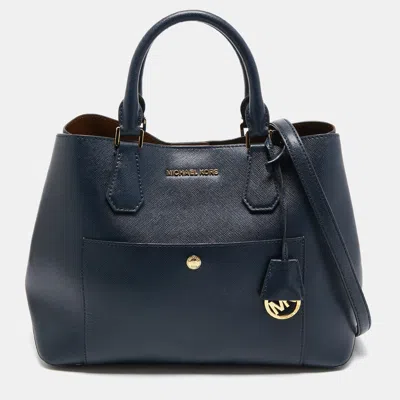 Shop Michael Kors Navy Leather Front Pocket Tote In Blue