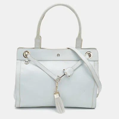 Shop Aigner Sky Leather Cavallina Tote In Blue