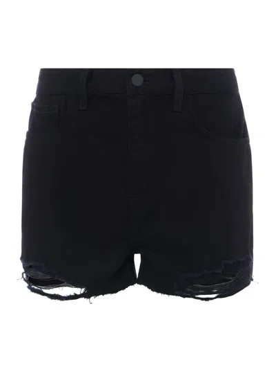 Shop L Agence Clark Distressed Denim Short In Noir Destruct