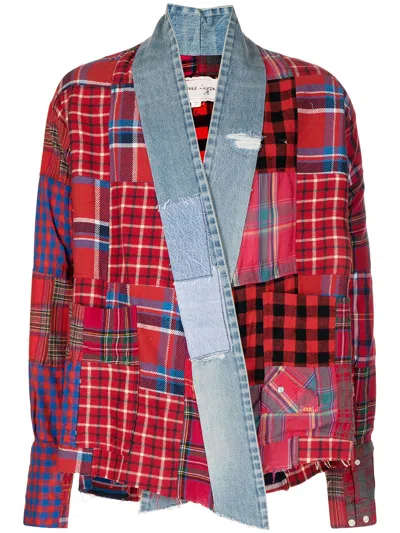 Shop Greg Lauren Checked Patchwork Wrap-around Jacket