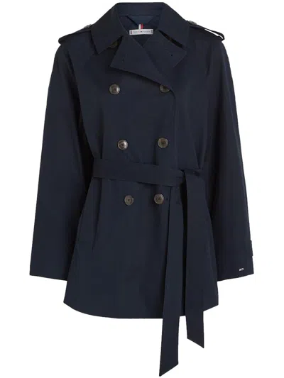 Shop Tommy Hilfiger Cotton Short Trench Coat Clothing In Blue
