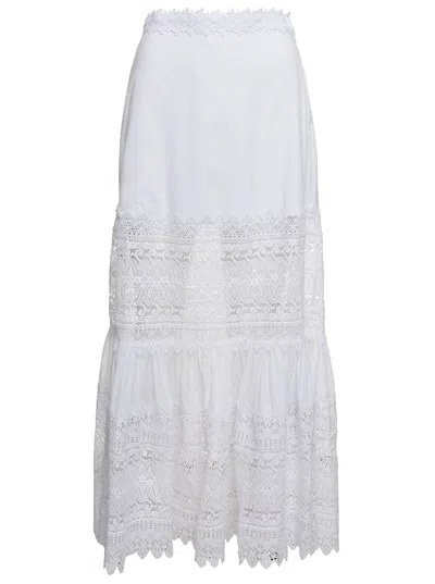 Shop Charo Ruiz 'viola' White Flounced Skirt With Lace Inserts In Cotton Blend Woman
