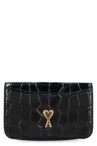 Shop Ami Alexandre Mattiussi Ami Paris Paris Paris Leather Card Holder With Strap In Black