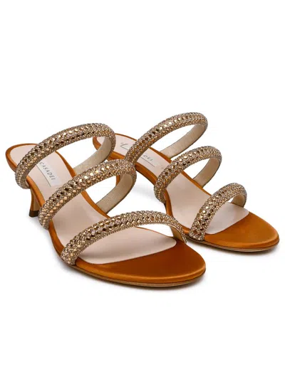 Shop Casadei 'stratosphere' Honey Satin Sandals In Gold