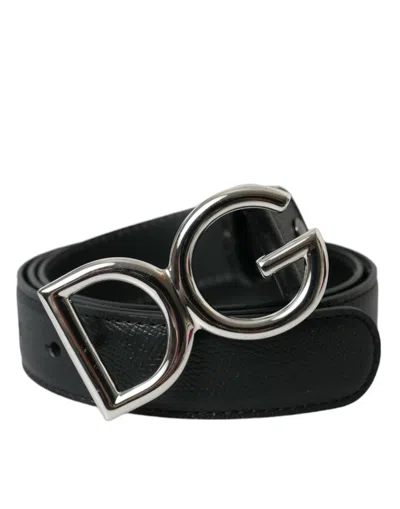 Shop Dolce & Gabbana Black Leather Silver Metal Logo Buckle Belt
