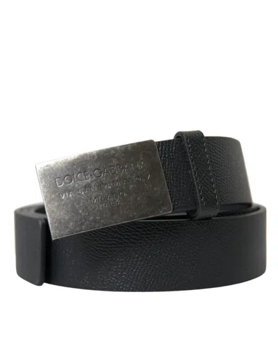 Shop Dolce & Gabbana Black Leather Silver Rectangle Buckle Belt