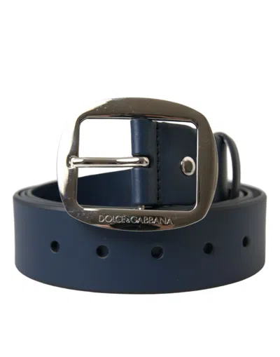Shop Dolce & Gabbana Blue Calf Leather Silver Metal Buckle Belt