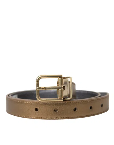 Shop Dolce & Gabbana Metallic Gold Calf Leather Metal Buckle Belt