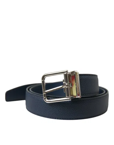 Shop Dolce & Gabbana Navy Blue Leather Silver Metal Buckle Belt