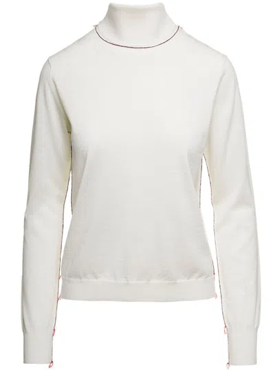 Maison Margiela White High Neck Sweater With Contrasting Stitching In Wool Woman In White
