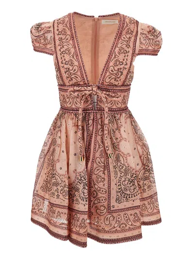 Shop Zimmermann 'matchmaker Structured' Mini Pink Dress With All-over Bandana Print In Linen And Silk Woman