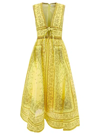 Shop Zimmermann 'matchmaker' Long Yellow Dress With Bandana Print And Bow Detail In Silk Woman