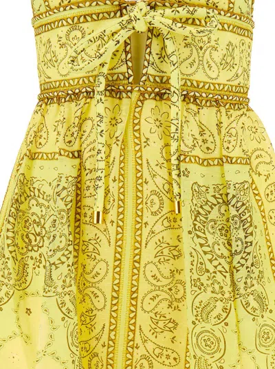 Shop Zimmermann 'matchmaker' Long Yellow Dress With Bandana Print And Bow Detail In Silk Woman