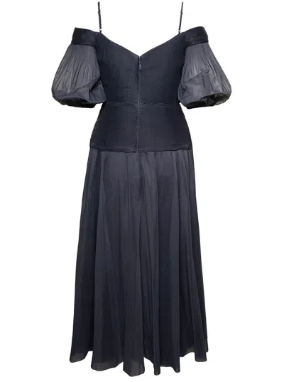 Zimmermann Black Off-shoulder Pleated Midi Dress In Blu