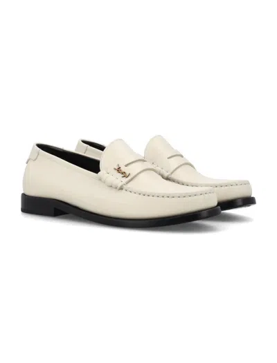 Shop Saint Laurent Le Loafer Penny Slippers In Pearl