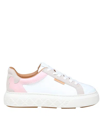 Shop Tory Burch Leather Sneakers In White/rose