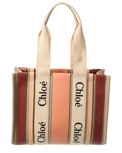 Shop Chloé Woody Medium Canvas & Leather Tote In Brown