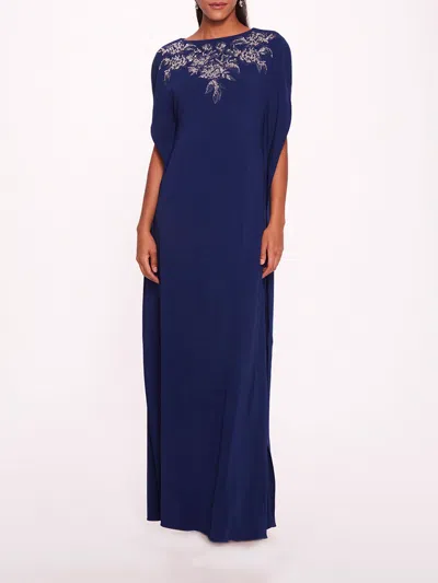 Shop Marchesa Embroidered Crepe Kaftan In Navy