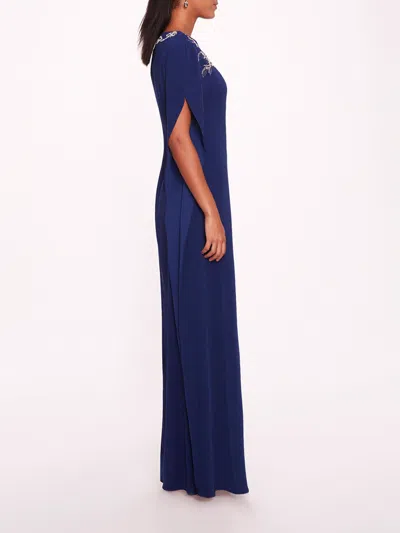 Marchesa Embroidered Crepe Kaftan In Navy