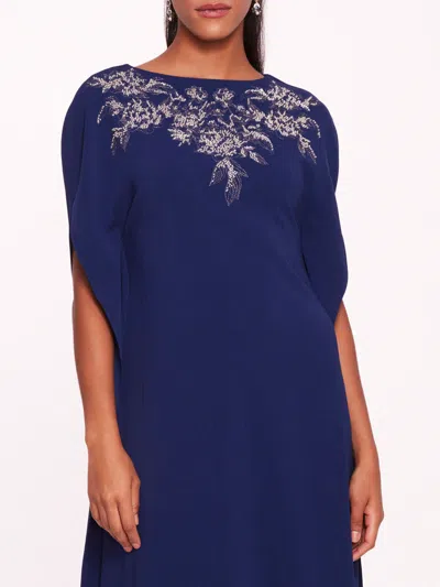 Marchesa Embroidered Crepe Kaftan In Navy
