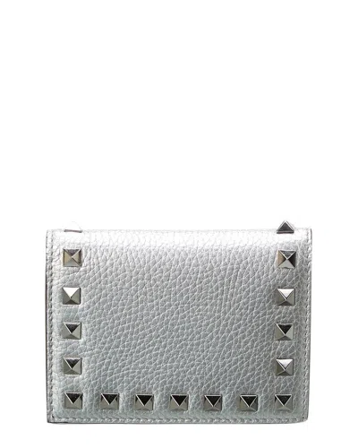 Shop Valentino Rockstud Grainy Leather Card Holder In Silver