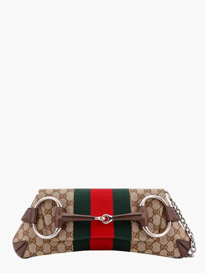 Shop Gucci Woman Horsebit Chain Woman Beige Shoulder Bags In Cream