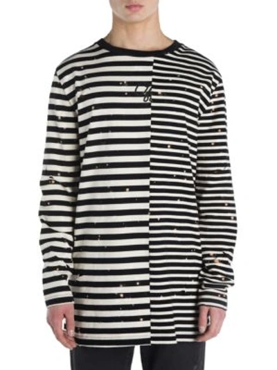 Off-white Contrast Stripe Distressed T-shirt In White Black