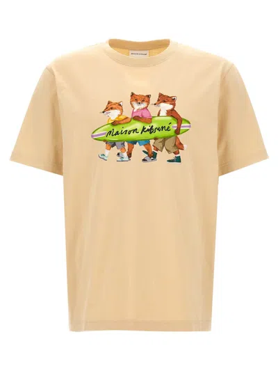 Shop Maison Kitsuné 'surfing Foxes' T-shirt In Beige