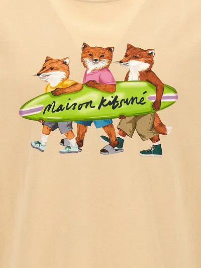 Shop Maison Kitsuné 'surfing Foxes' T-shirt In Beige