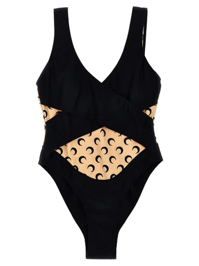 Shop Marine Serre 'all Over Moon' One-piece Swimsuit In Black
